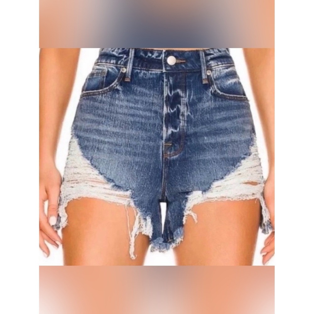 Good American Distressed Denim Shorts Blue High Rise Frayed GBS991T Size 2/26